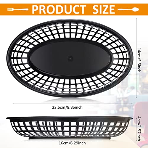 Potchen 100 Pcs Fast Food Baskets 8.9 x 5.5 Inch Plastic Baskets for Food Black Chip Tray Reusable Bread Fry Oval Serving Tray for Restaurant Supplies Hot Dog Deli Serving Chicken