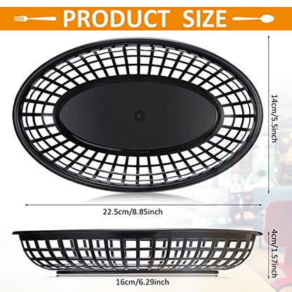 Potchen 100 Pcs Fast Food Baskets 8.9 x 5.5 Inch Plastic Baskets for Food Black Chip Tray Reusable Bread Fry Oval Serving Tray for Restaurant Supplies Hot Dog Deli Serving Chicken