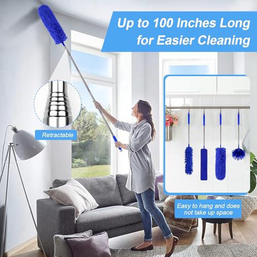 5-in-1 Kit Dusters for Cleaning, Duster with Extension Pole, Extendable Duster with 100 Inches, Microfiber Dusters, Webster Cobweb Duster for Cleaning Ceiling Fans, Furniture, Blinds - Blue - color: Blue