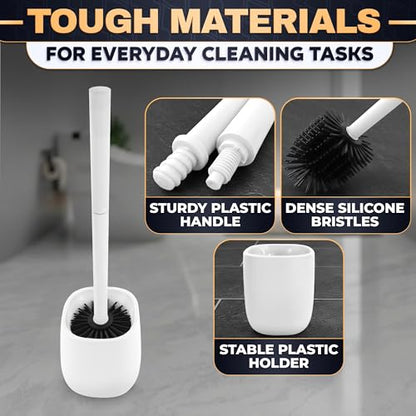 Toilet Brush and Holder Set - Silicone Toilet Bowl Brush with White Holder Base, Compact Bath Accessory for Small Spaces - Easy to Place and Simple to Store After Use, Plastic Bathroom Cleaning Tool - color: White