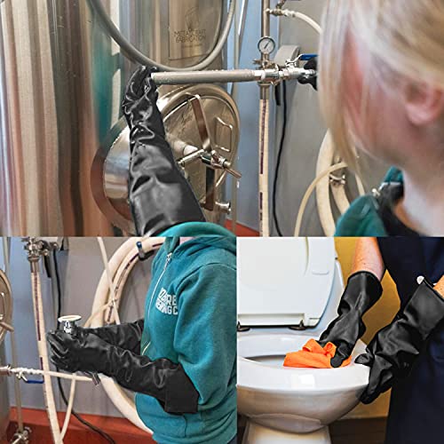 Chemical Resistant Gloves, 14" Long Black Waterproof Alkali/Acid/Oil Resistant Reusable Heavy Duty Rubber Gloves for Cleaning, Dishwashing, Gardening - color: Reversible, Black+black, size: L-1Pair