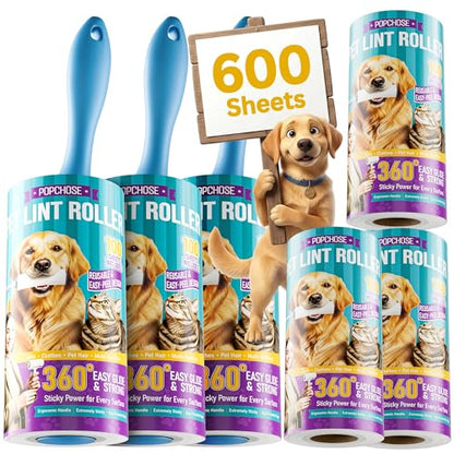 POPCHOSE Lint Rollers for Pet Hair Extra Sticky,600 Sheet Extra Sticky Lint Rollers for Pet Hair,3 Handles & 6 Sticky Rolls,Dog Cat Hair Remover for Clothes,Furniture,Couch,Lint Roller for Clothes - size: 600 Sheets