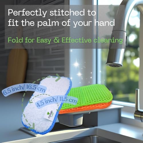 Foldable Dish Sponge – Thin Dual-Sided with Mesh Scrubber and Rayon derived from Bamboo Reusable Non-Scratch Kitchen Sponge for Multi-Surface Cleaning, 6 Pack