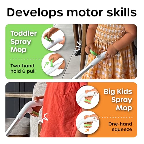 Quiggly Big Kid Toy Cleaning Set - Spray Mop, Broom, Dustpan, Ages 5-8 | Plus brush, one-hand squeeze & spray, Montessori cleaning 4-piece tool kit - size: Big Kid, style: Cleaning Set