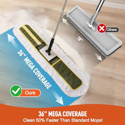 CLEANHOME 36" Commercial Dust Mop for Hardwood Floors, Tile, Laminate | Heavy Duty Industrial Mop with Telescopic Handle, 2 Washable Microfiber Pads, Cleaning for Home, Warehouse, Office