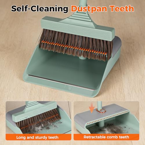 Broom and Dustpan Set with Adjustable Handle, Upright Design, Built-in Comb Teeth, Mint Green, for Home Office Hardwood Floors Pet Hair (Green/Gray) - color: Green/Gray