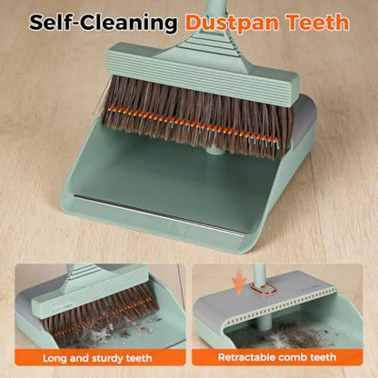 Broom and Dustpan Set with Adjustable Handle, Upright Design, Built-in Comb Teeth, Mint Green, for Home Office Hardwood Floors Pet Hair (Green/Gray) - color: Green/Gray