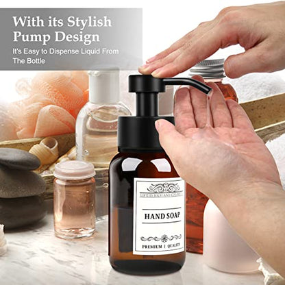 8.5oz Brown Glass Soap Dispenser 2 Pack for Kitchen Bathroom Black | Leakproof conditioner and hand soap pump set with waterproof DIY labels; rustproof holder saves countertop space. - color: Amber Set of 2