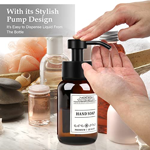 Glass Soap Dispenser with Pump and Wall Mount Holder,8.5 Oz Shampoo and Conditioner Dispenser with Waterproof Labels(Brown) | 2 mounting options: screws and no-drill glue included; leakproof pump with waterproof conditioner labels. - color: Amber Set of 1