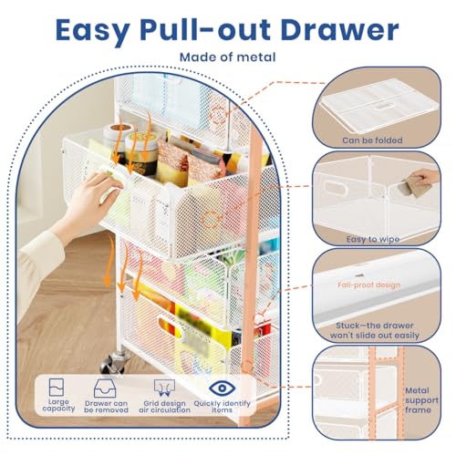 Goovilla Kitchen Cart with Drawers, 4 Tier Metal Rolling Utility Cart Organizer on Lockable Wheels with Wooden Top, White Fruit Vegetable Storage Rack Also for Cans, Snack, Craft, Art, Office, Beauty - size: White