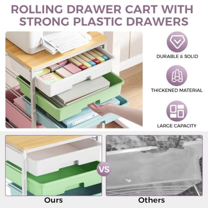 SYKIARIOL 5-Tier Rolling Utility Storage Drawer Craft Cart on Wheels with Wooden Tabletop, Mobile Craft Storage Drawer Cart Trolley for Home Office, Classroom, Craft Room & Kid Room, Ice Cream - color: Ice Cream