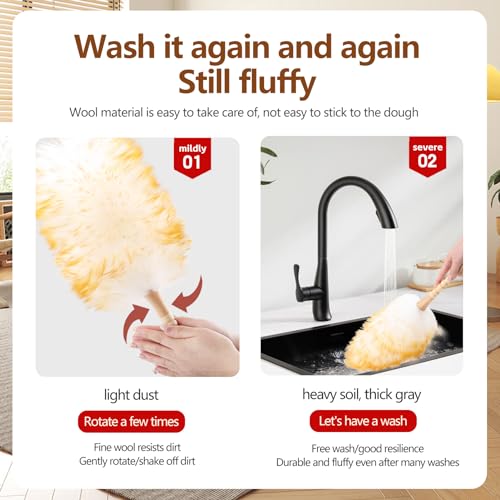 Lambswool Duster for Cleaning with Solid Wooden Handle Leather Hang Strap 19.6 inch Natural Feather Duster for Cleaning Ceiling Fans Window Blinds Computer Furniture(2 Pack) - size: 19.6Inch