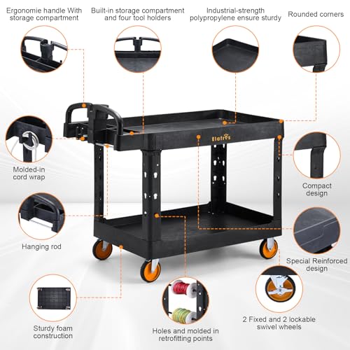 ELAFROS Extra Large Heavy Duty Plastic Utility Work Cart 43.5 x 24.6 Inch – 2 Tier Work Cart with Deep Tub Shelves, Ergonomic Handle, 5 Inch Casters, 550 lbs Capacity, Black