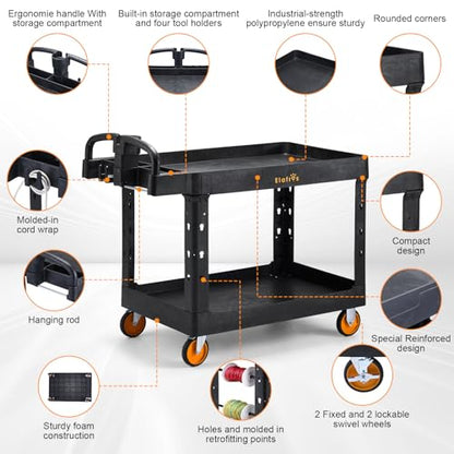 ELAFROS Extra Large Heavy Duty Plastic Utility Work Cart 43.5 x 24.6 Inch – 2 Tier Work Cart with Deep Tub Shelves, Ergonomic Handle, 5 Inch Casters, 550 lbs Capacity, Black