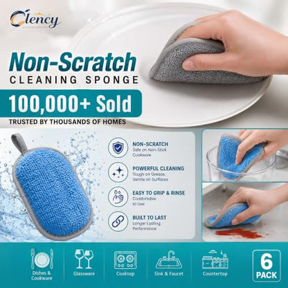 Clency Non-Scratch Kitchen Sponges, 6 Pack Dual-Sided Dish Sponges for Washing Dishes, Safe for Nonstick Cookware, Reusable Scrubber Cleaning Set with 2 Silicone Cleaning Gloves