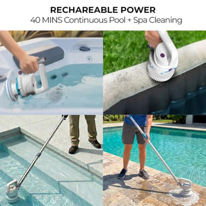 KOKIDO Rechargeable Pool Scrubber, Compact Electric Pool Cleaning Brush for Walls, Waterline & Steps, 3‑in‑1 Pool Brush, 40‑Min Runtime, Pivot Handle - Ideal for Quick Pool Maintenance & Spot Cleaning