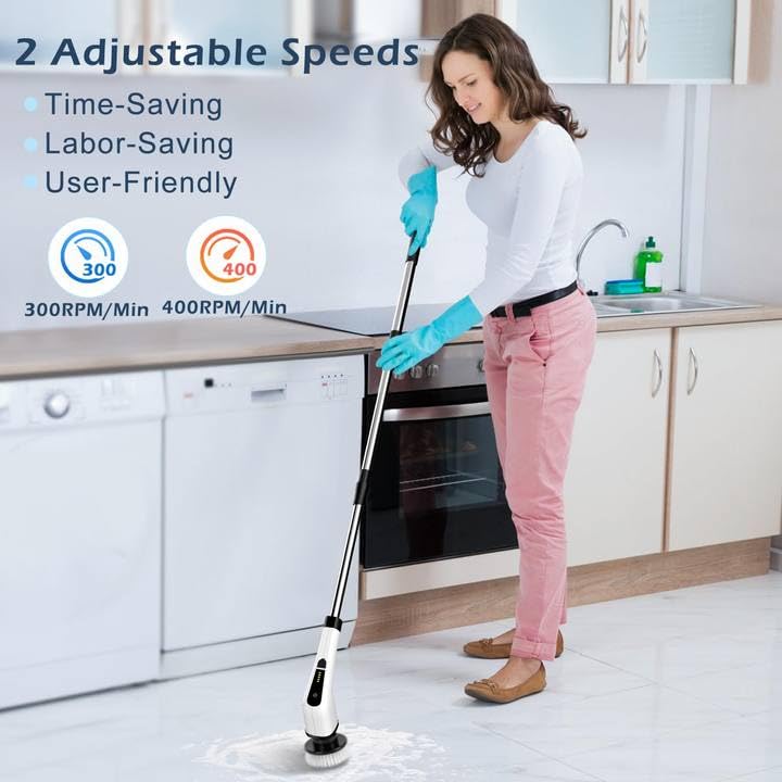 Electric Spin Scrubber Cordless Cleaning Brush Scrubber for Home Bath Tub Power Scrubber 9 Replaceable Brush Heads Detachable as Short Handle Shower Cleaning Brush Household Tools for Bathroom Floor