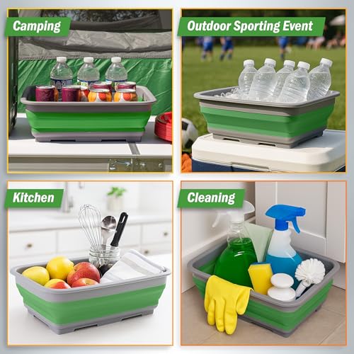 Collapsible Bucket for Cleaning - 7.27L Foldable Wash Bin Dish Tub - Collapsible Wash Basin or Camping Sink for Beach, Tailgating, or Soaking Laundry - Cleaning Supplies by Wakeman (Green)