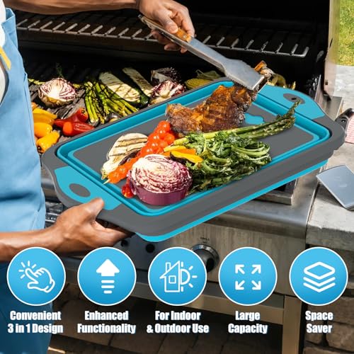 HI NINGER BBQ Prep Tub with Lid, Collapsible Camping Sink with Colander, Cutting Board & Knife Set for Grilling, Smoking & Outdoor Cooking, Collapsible Wash Basin for RV Camping Essentials - color: Blue grey