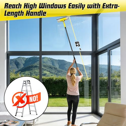 Professional Window Squeegee with 60" Extension Pole for Home | 2 in 1 Squeegee for Window Cleaning with Scrubber/ Rotatable Head for Car Glass Shower Indoor & Outdoor High Windows