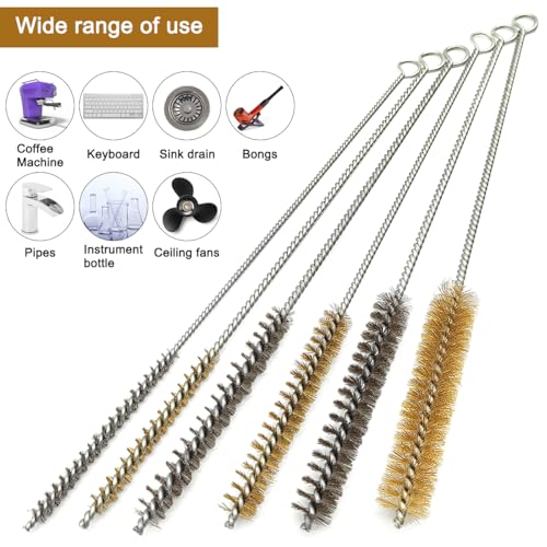 12 Pcs Brass Wire Brush Stainless Steel Wire Brush Set, 12"/30.5cm Long, Round Metal Cleaning Brush Bore Brush for Tubes, Cylinders, Bottle, Narrow Spaces, Auto Parts, 1/4" to 3/4"(6/8/10/15/18/20mm)
