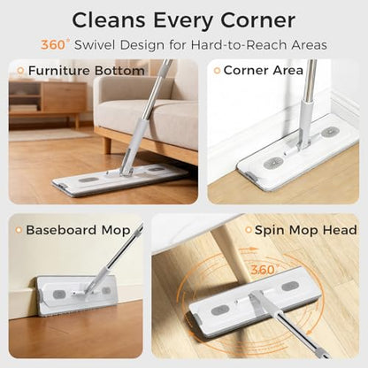 Flat Mop and Bucket Set with Wringer, Hands-Free Floor Mop System | Hands-Free Wringing, Wet & Dry Microfiber Pads, Wall & Floor Cleaning, Detachable Stackable Bucket
