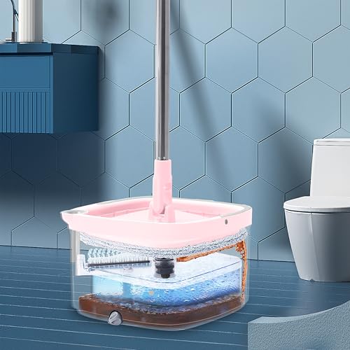Spin Mop and Bucket with Separate Compartments for Clean and Dirty Water NEW 2025 Upgraded Version w/Side Brush and Self Standing Handle, Smart Square Mop w/ 2 Machine Washable Microfiber Pads, Rose - color: Pink