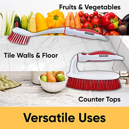 Deep Cleaning Brush Scrubber Set of 3-2 Double Sided Dish and Vegetable Brush and 1 All-Purpose Scrub Brush – Heavy Duty, Non-Scratch, Multipurpose Utility Scrubber for Home, Kitchen, Bathroom – Red