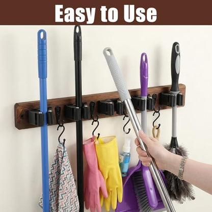 2 Pack Broom Holder Wall Mount Rustic Wood Broom Hanger Wall Mount With 5 Slots And 4 Hooks Mop And Brooms Organizer Walls Hanging For Laundry Rooms Garage Kitchen Closet Decor Brown