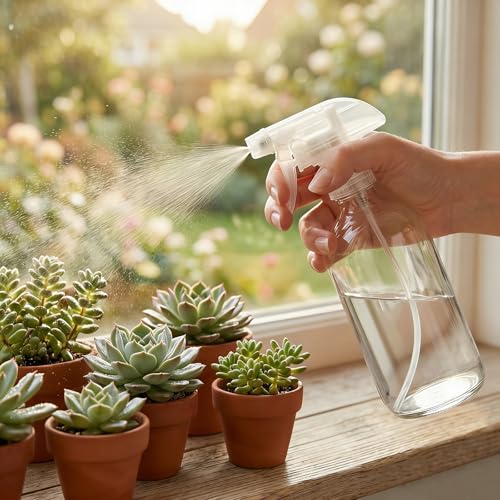 9 Pack Glass Spray Bottles, 16oz Empty Clear Boston Round Bottles Refillable Container with Trigger Sprayer for Cleaning Solutions, Essential Oils, Misting Plants