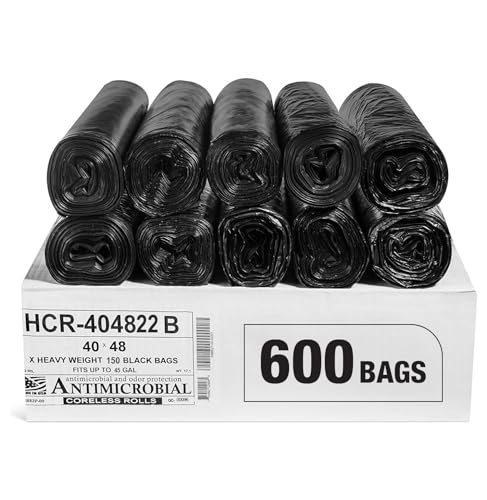 Aluf Plastics High Density Trash Bags, 45 Gallon, 600 Count, 22 Micron (eq), 40" x 48", Black, for Bathroom, Office, Industrial, Commercial, Janitorial, Municipal, Recycling - color: Black, style: 45 Gal, 22 Micron Equiv, 600 Count