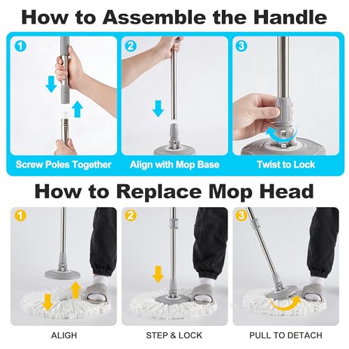 JOYMOOP Spin Mop and Bucket Set, 360° Mop Head & Telescopic Handle, 3 Reusable Microfiber Pads, Wet and Dry Use, Hands-Free Cleaning for Hardwood, Tile, Laminate Floors & Walls