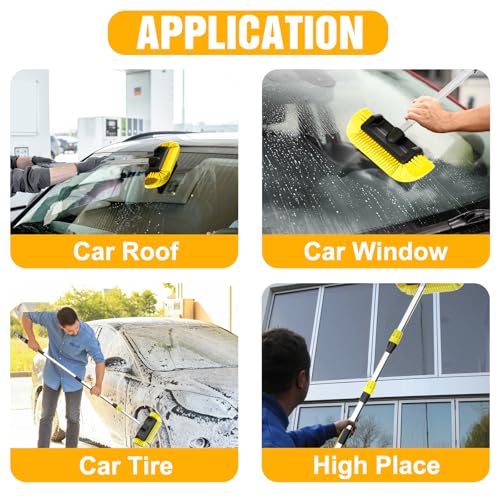 LAANPOLE 12FT Car Wash Brush with Long Handle, Car Cleaning Brush with 12 Inch Soft Bristle and Soap Dispenser, Solar Panels Cleaner with Telescoping Pole for RV, Truck, Boat, House Siding, Yellow - color: Yellow
