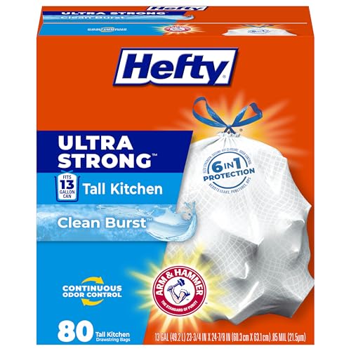 Hefty Ultra Strong 13 Gallon Trash Bags, Tall Kitchen Trash Bags 13 Gallon Size, Drawstring Closure, Continuous Odor Control, White, Clean Burst Scent, 80 Bags - size: 80 Count (Pack of 1), style: Clean Burst