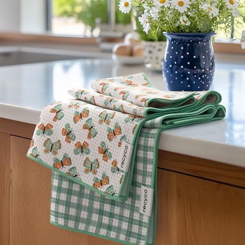 RECYCO Waffle Kitchen Towel Set of 2 - Quick Dry Microfiber Sustainable Dish Towels - Ultra Absorbent Reusable Cleaning Tea Towels - Lightweight Hand Towels,16”x 28”, Butterfly Gingham - color: Butterfly Gingham