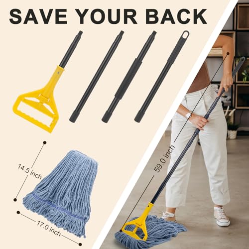 Commercial Industrial Mop with 3 Extra Large Reusable Replacement Head,59" Long Handle Heavy Duty Wet Mops,Looped-End String Cotton Mop for Floor Cleaning,House,Kitchen,Office,Garage,Tile(Yellow) - size: Yellow Handle + 3 Mop Head