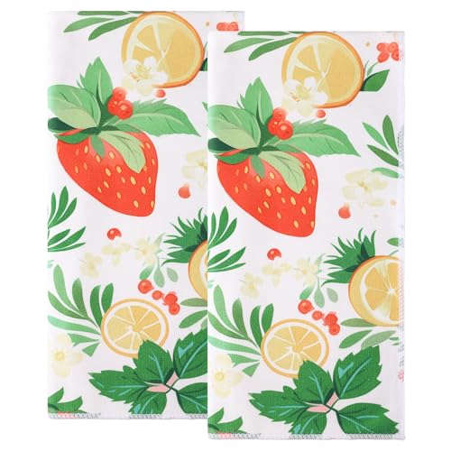 Decorative Kitchen Towels - Set of 2 Dish Towels for Kitchen 14 x 30 Inch Decoration Strawberry Hand Towels Soft & Ultra Absorbent, Reusable Quick Dry Microfiber Cloths for Baking Cooking Cleaning