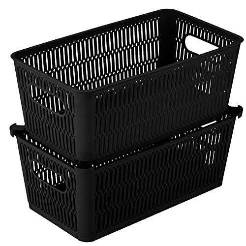 Simplify 2Pk Small Slide 2 Stack It Tote Basket | Storage & Organization | Open Bins with Stackable Capability | Bathroom | Crafts | Pantry | Playroom | Office | Black - color: Black, size: Small, style: 2 Pack