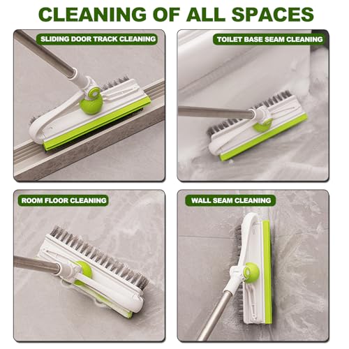 Floor Scrub Brush with Long Handle, 4 in 1 Scrape and Heavy-Duty Stiff Bristle Scrubber Brush for Cleaning Shower Bathroom, Patio, Pool, Garage, Kitchen, Wall and Deck
