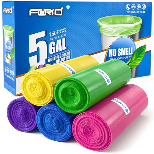 FORID Small Garbage Bags - 5 Gallon, Trash Can Liner for Home, Office, Bathroom, Bedroom, Waste Bin (5 Colors 150 Bags) - Durable & Thick Trash Bag Multi Colored - size: 1 Count (Pack of 150), style: 5 Gal (150 Count)