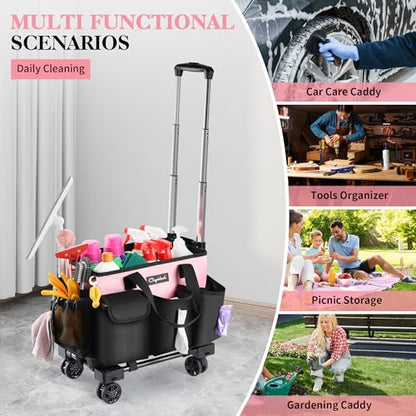 Chyaidach Rolling Cleaning Caddy, Cleaning Supplies Organizer with Trolley, Wearable Cleaning Tote Bag on Wheels with Hard Bottom, Cleaning Carts for Housekeepers/Home/Car/Office/Picnic (Pink) - color: Pink