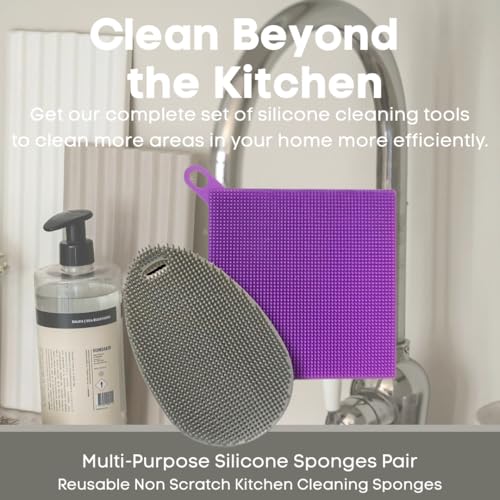Silicone Dish Sponge Dish Scrubber (Oval and Square) - Dual-Sided, Food Grade Silicone Sponges for Dishes and Housecleaning 2-Pack - color: 2 Pack Grey + Purple