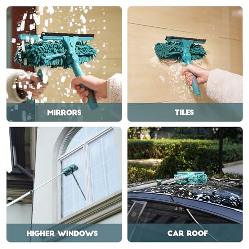 TelesPro 30 Feet High Reach Window Squeegee with 6-24 Ft Extension Pole, Window Cleaner Tool with 5-Stage Telescoping Pole, Window Cleaning Kit with Rotatable Head (2 Squeegee & 2 Microfibre Cloths) - size: 24 FT