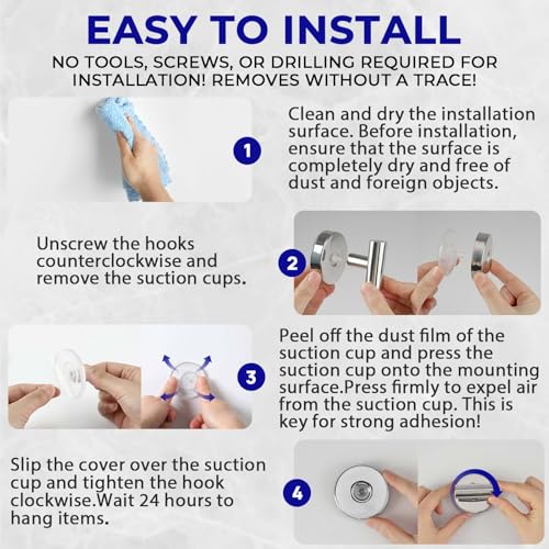 Suction Cup Hooks for Shower Heavy Duty, Shower Hooks No Drill, Shower Hooks for Inside Shower Stainless Steel, Suction Hooks for Window, Glass, Tile, Wall, Loofah, Bath Robe, Wreath, Chrome 4 Pack - color: Chrome