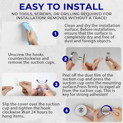 Suction Cup Hooks for Shower Heavy Duty, Shower Hooks No Drill, Shower Hooks for Inside Shower Stainless Steel, Suction Hooks for Window, Glass, Tile, Wall, Loofah, Bath Robe, Wreath, Chrome 4 Pack - color: Chrome