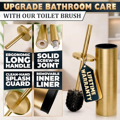 Gold Toilet Brush and Holder Set - Brushed Stainless Steel Gold Toilet Bowl Brush and Holder with Replaceable Head, Removable Inner Bowl, and Splash Protection - Dense Bristles for Thorough Cleaning - color: Gold