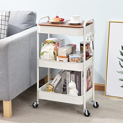 TOOLF 3-Tier Rolling Cart with Table Top, Metal Storage Cart on Wheels, Utility Organizer with Wooden Tray, Lockable Casters, Easy Assembly for Bathroom, Living Room, Office, Kitchen, White - color: White