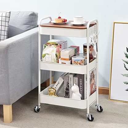 TOOLF 3-Tier Rolling Cart with Table Top, Metal Storage Cart on Wheels, Utility Organizer with Wooden Tray, Lockable Casters, Easy Assembly for Bathroom, Living Room, Office, Kitchen, White - color: White