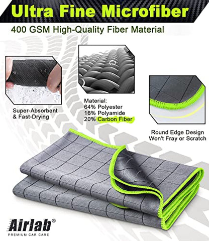 Airlab Carbon Microfiber Towels for Car Glass Window Polishing Cleaning Cloth Auto Detailing Lint Free Streak Free Drying Car Wash Large Towel, Pack of 2, 20" x 16", Grey-Green - color: 20 X 16 Inch, Pack of 2, Grey-green