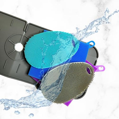Faucet Mat for Sink - Silicone Scrubber Dish Set, Splash Guard, Food Grade BPA Free Kitchen Scrubber - color: 4sponges+1mat